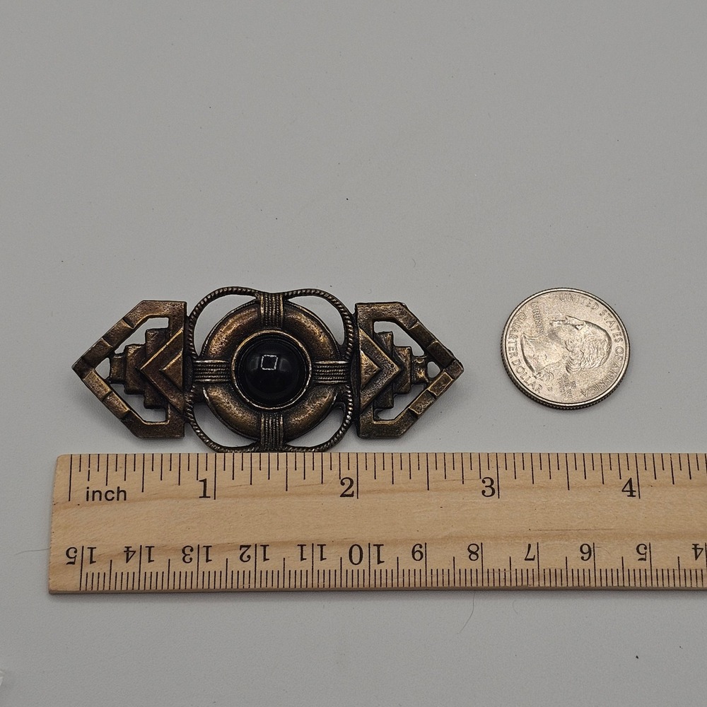 Art Deco Style Brooch Glass Cabochon Black Bronze Tone 2.75" Pin Geometric - Picture 5 of 9